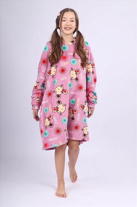 PIJAMA MONAKIDS BUFANDA SOFT RATINHA COM CAPUZ INFANTIL E TEEN