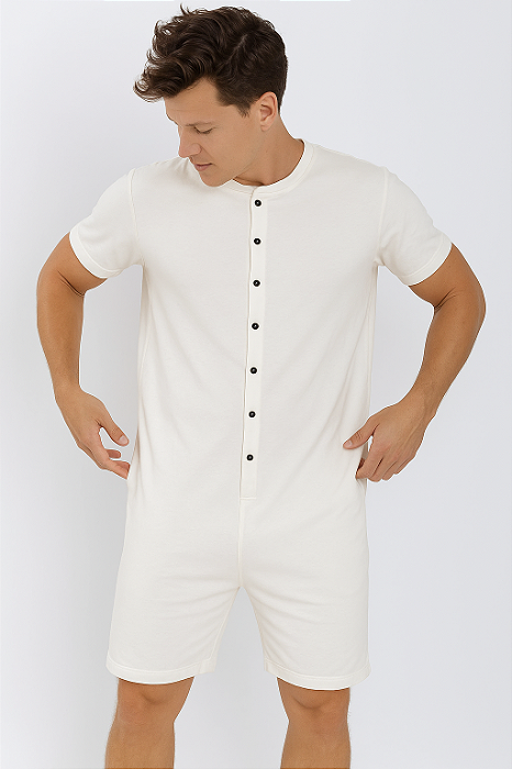 PIJAMA MACACÃO MASCULINO CURTO - TEEN E ADULTO  - BRANCO