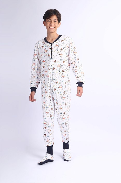 PIJAMA MACACÃO INF. E TEEN CACHORRO ASTRONÁUTA BRANCO FELPA