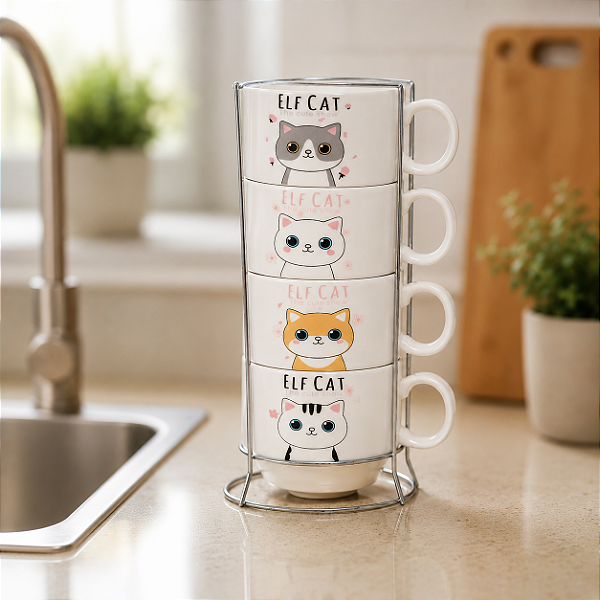 Kit 4 Xícaras Gatinho Ceramica com suporte