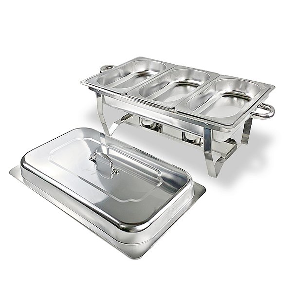Rechaud Retangular 12 Litros Aço Inox Banho Maria Com 2 Fogareiro 3 Cubas