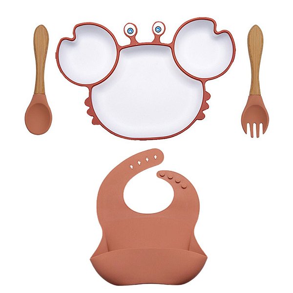 Kit Alimentação Babador Prato Talheres Bebê Silicone Livre de BPA Vermelho