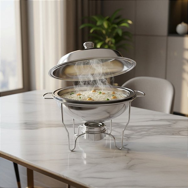 Rechaud Redondo Aço Inox Buffet Banho Maria Suporte Tampa Vidro Com duas Cubas 5,5 Litros