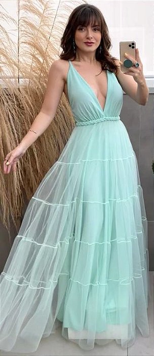 Vestido De Festa Longo Maite Verde Tiffany Aluguel