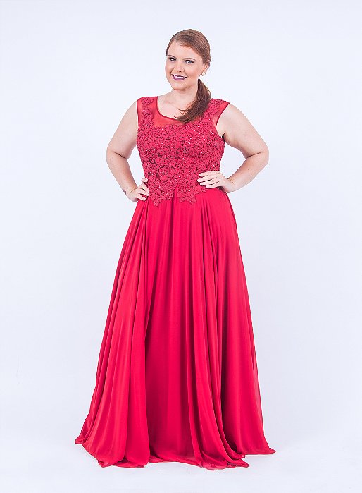 Vestido de Festa Plus Size Vermelho Longo Renda Mirna Aluguel