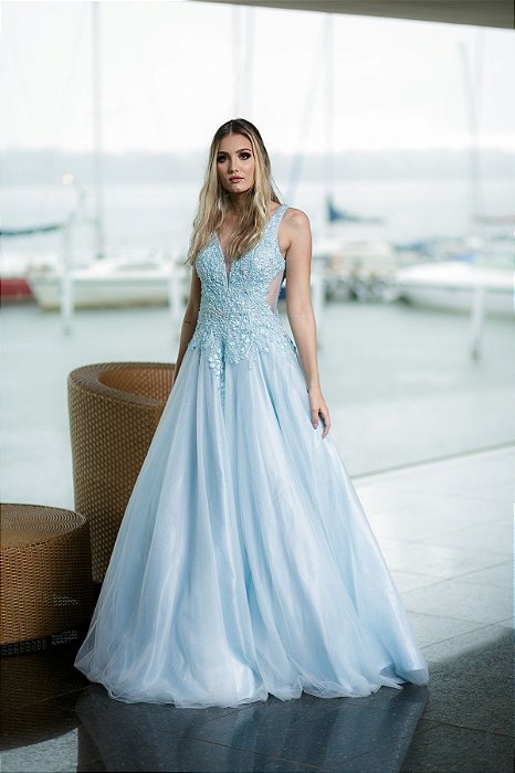 vestido de festa de debutante azul