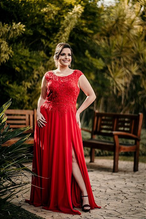 Vestido de Festa Plus Size Vermelho Longo Liso Jessie Aluguel