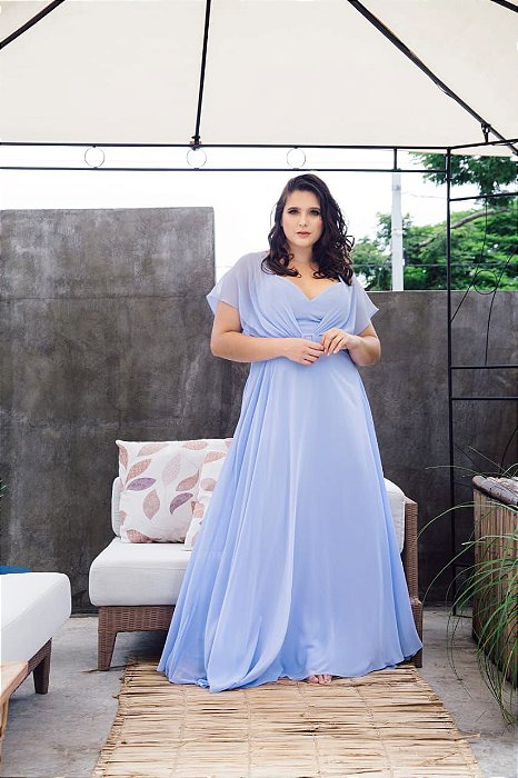 Vestido de Festa Plus Size Azul Serenity Longo Liso Georgina Aluguel