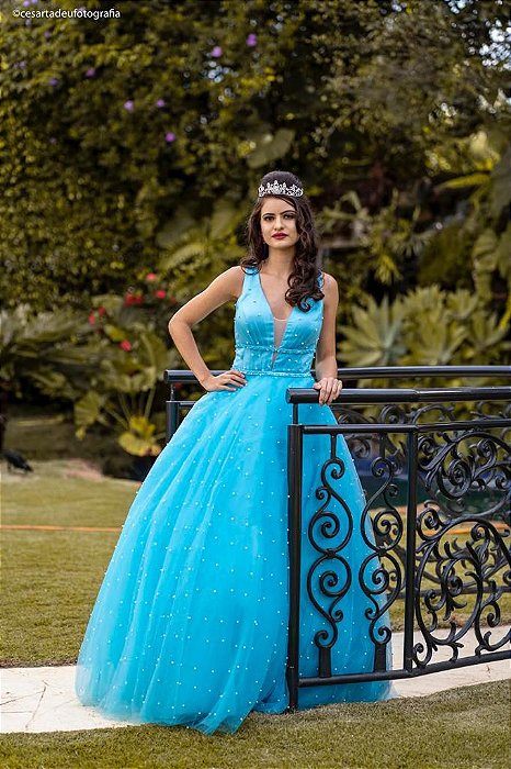 vestido de festa de debutante azul