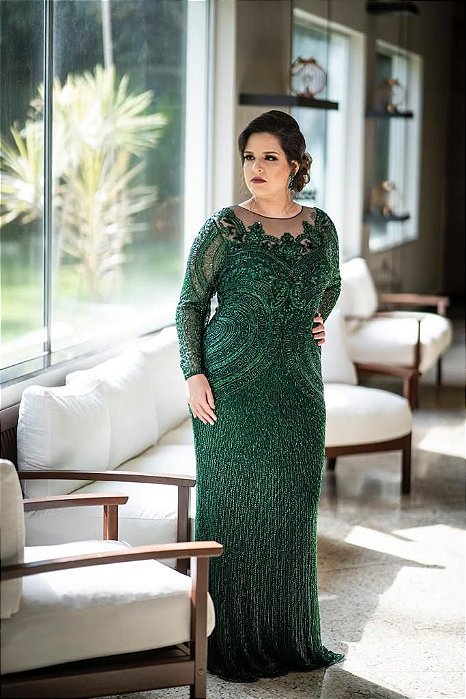 Vestido de Festa Plus Size Verde Esmeralda Longo Manga Bordado Miliene Aluguel