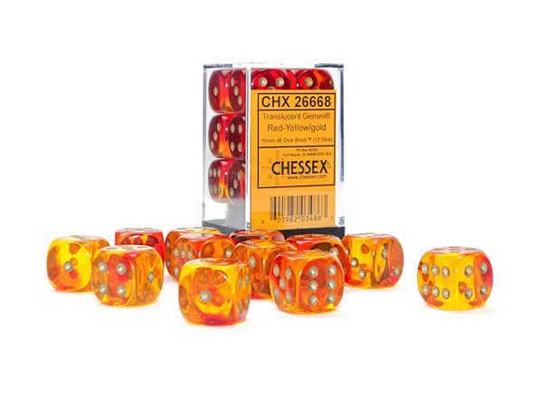 Gemini® 16mm d6 Translucent Red-Yellow/gold Dice Block™ (12 dice) - Importado