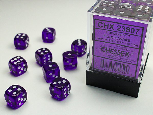 Translucent 12mm d6 Purple/white Dice Block™ (36 dice)   - Importado
