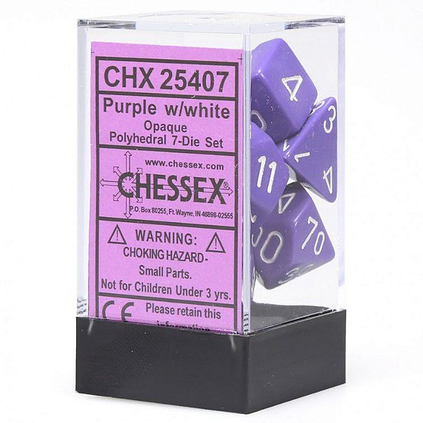 Kit de Dados - Opaco - Roxo e Branco - 7 Dados - Importado