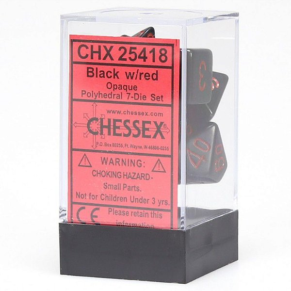 Kit de Dados - Opaco - Preto e Vermelho - 7 Dados - Importado
