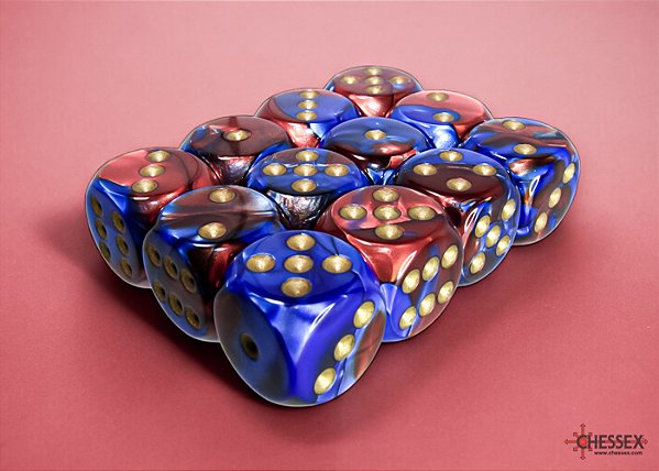 Gemini Blue-Red/gold 16mm d6 Dice Block (12 dice)