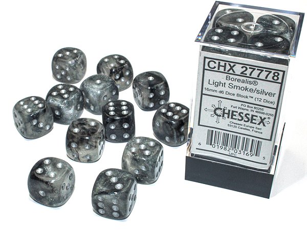 Borealis Light Smoke/silver Luminary 16mm d6 Dice Block (12 dice)