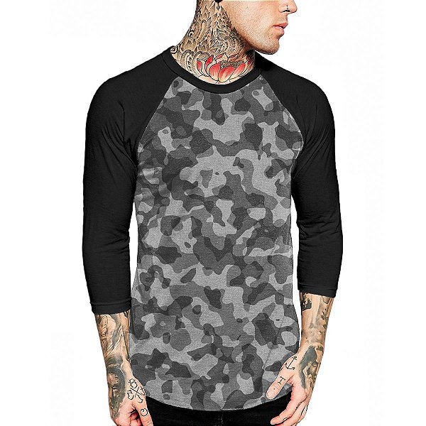 Camiseta Raglan Manga 3/4 Vista Rock Camuflado Cinza