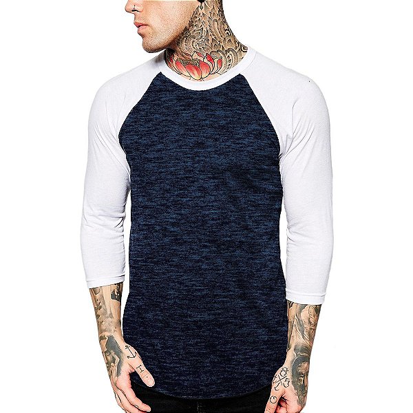 Camiseta Raglan Manga 3/4 Vista Rock Azul e Branco