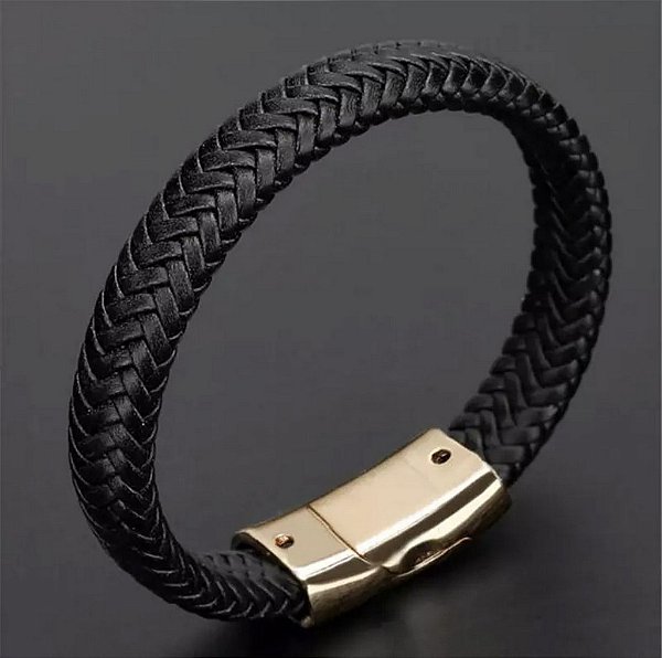 Pulseira Bracelete em Couro Premium Entrelaçado e c/  Fecho Magnetico Banhado a Ouro 18k
