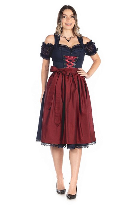 Vestido Midi Azul e Marinho e Vermelho Escuro