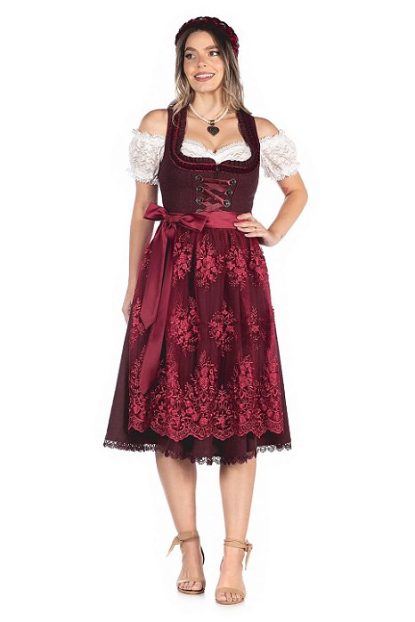 Vestido Midi Vinho com Avental de Renda