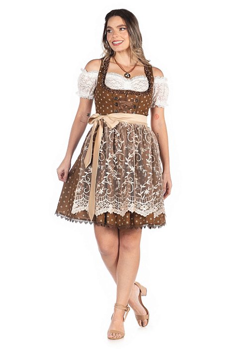 Vestido Estampado Bretzel Marrom com Avental de Renda Dourado