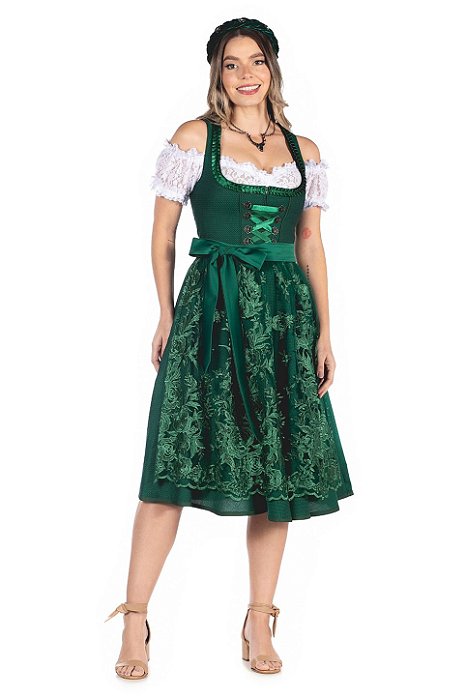 Vestido midi Verde Escuro com Avental de Renda Verde