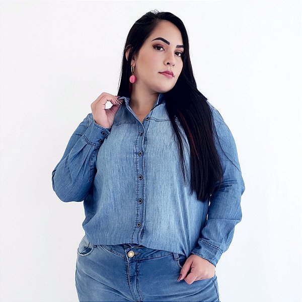 camisa jeans plus size feminina