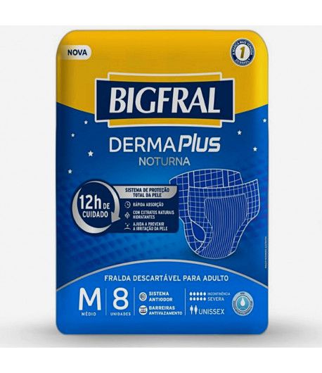 Fralda Bigfral Derma Plus Noturna M com 8 unidades
