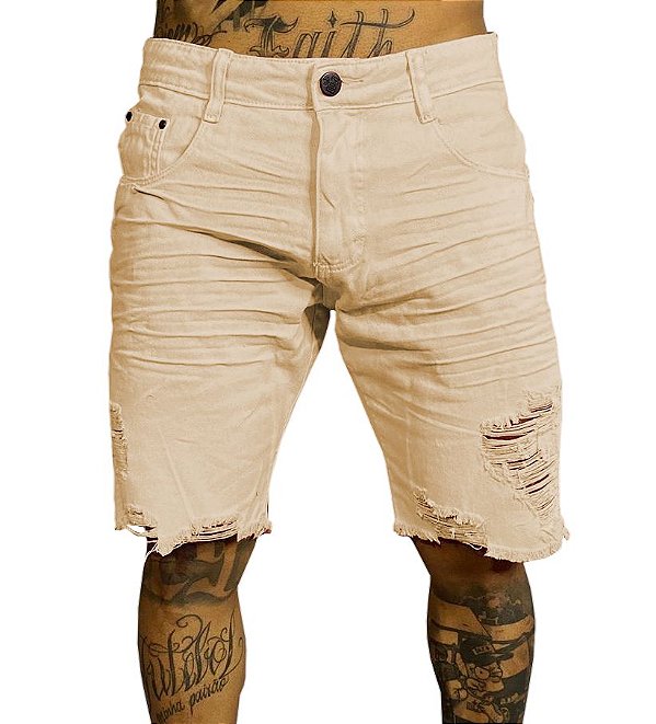 Bermuda Jeans Bege Super Skinny Destroyed - Traje Urbano