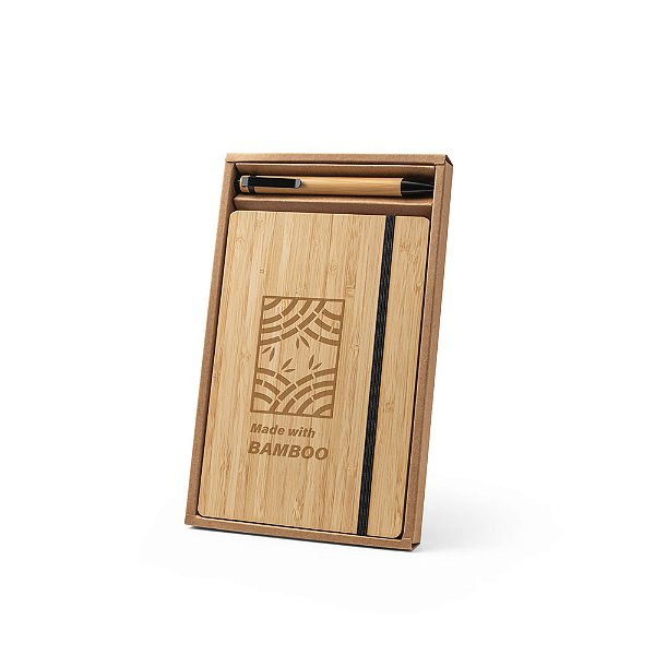 10 Conjunto de caderno A5 em bambu com páginas pautadas e caneta esferográfica em bambu 93624