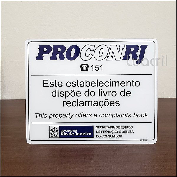 Placa Lei 6.613 Livro de Reclamações Bilíngue RJ