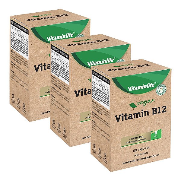 Kit 3 Vitamina B12 Vegan + 350mg Espirulina Selo Vegano 60 Cápsulas VitaminLife