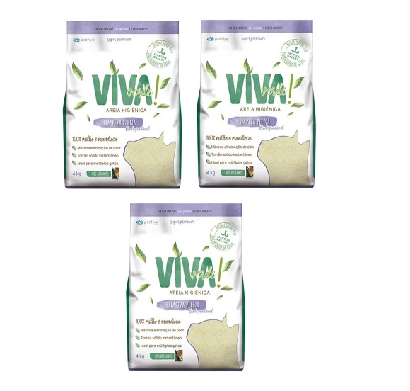 Kit 3 sacos Areia Sanitária Viva Verde para Gatos Limpeza Plena 4kg