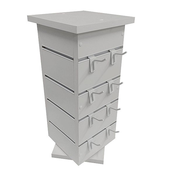 Expositor Giratório de balcão p/  joias e outros com chapéu decorativo -20(L)X20(C)X50(A) BRANCO MDF18mm + 32 Ganchos  5 cm branco + Canaletas de PVC nos frisos- Pronta Entrega