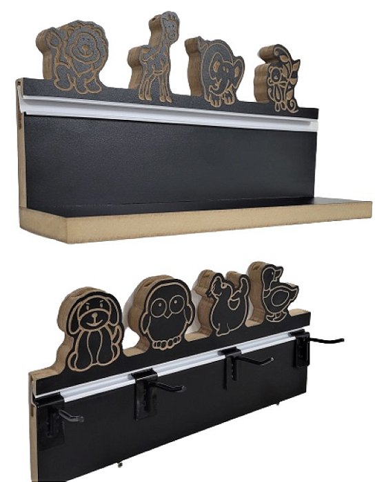 KIT Prateleira infantil organizadora ZOO STAR , fabricado em madeira MDF 18mm  com animais esculpidos na parte superior - MDF Preto com bordas natural