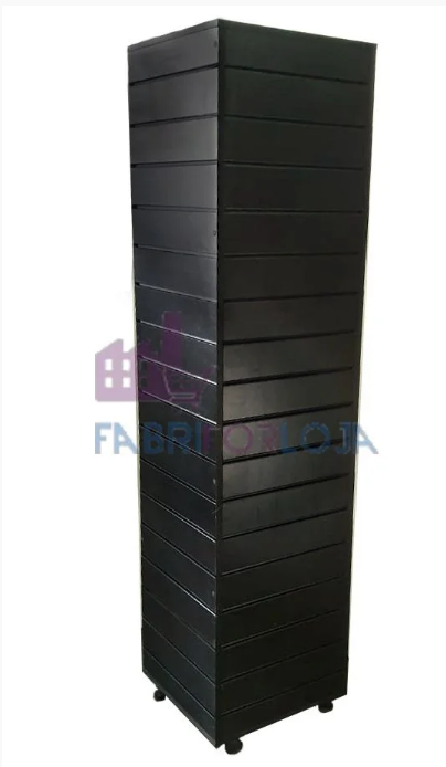 Gôndola expositora loja TORRE com 4 Faces, canaletas de PVC nos trilhos e rodas na base - Preta - 1,90m A X 30 cm cada Lado- Madeira MDF18mm - Outras medidas Whats (11) 94220-9117
