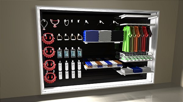 Kit conjunto expositor loja completo com moldura e iluminação com controle de cores -  Painel Canaletado slatwall 1,83x2,75m + Ganchos + RT´S + Prateleiras + Arara + Cesto expositor - Outros arranjos Whats (11) 94220-9117