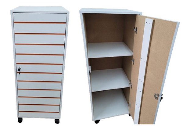 Gondola torre expositora de produto e armário para estocagem no mesmo móvel - Possui porta, fechadura , prateleiras internas, canaletas de PVC nos trilhos e rodas na base- Madeira Canaletada MDF 18mm- 1,3 (A)x 50 cm Lado - outras medidas (11) 94220-9117