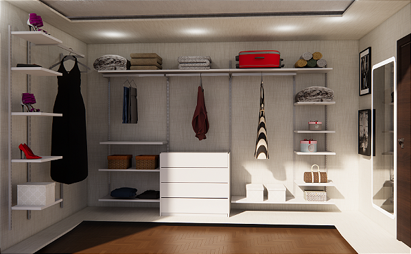 Closet Completo em "L" com Cremalheiras em Aço, Móvel c/ Gavetas, rodas e tampo em vidro + Espelho Iluminado - Parede maior - 2,00 m A x 3,60 m C; Parede menor - 2,00 m A x 1,50 m C-R$5400,00 em 10x no cartão - Entre em contato