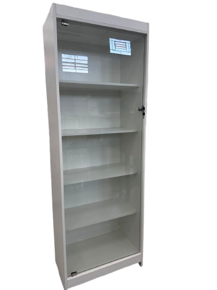 Armário Prateleira BRANCO Vitrine Com Fundo MDF 100% 15mm - Reforçado com Porta de Giro em Vidro Temperado - ALT: 1.85 x LARG: 0.64 x PROF: 0.38- Pronta Entrega