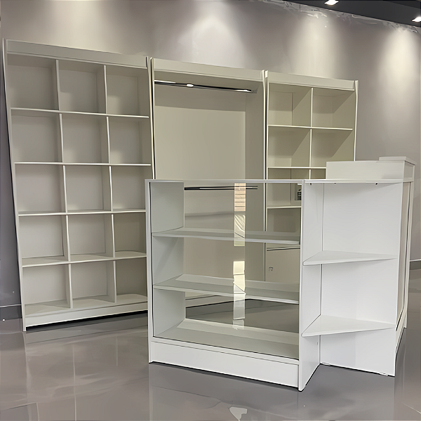 Loja Pronta Conjunto Completo em MDF 100% – Kit com Estantes e Balcão em L Multiuso Branco | 185cm (A) x 2,76cm (L) x 32cm (P) – Pronta Entrega