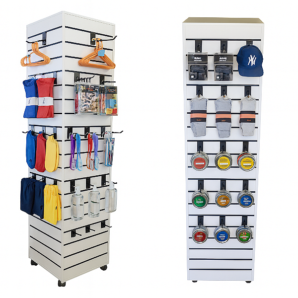 Gôndola expositor torre para Loja " Expõe dos 4 lados" | Rodas na Base + Canaletas de PVC nos frisos | Madeira MDF 18mm |2 Tamanhos | Personalize via WhatsApp (11) 94220-9117