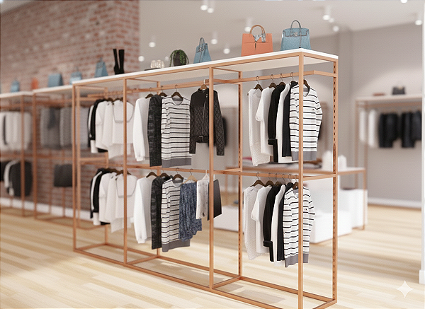 Conjunto COR ROSÉ expositor 3 MÓDULOS loja estante modular metalon - estrutura cremalheira c/ regulagem de altura e desmontável+ prateleiras + Arara + Barra + Rts + Cabides Madeira 3,12 M L x 2,20 m A x 0,45 m P - PROMOÇÃO