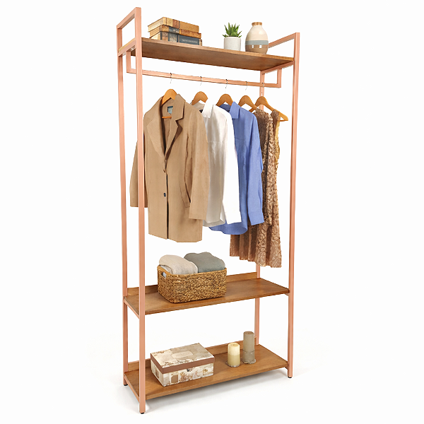 Estante Industrial Metalon Premium Cabideiro com 3 Prateleira em MDF closet aberto - 1,90 A x 0,90 L x 0,38 P