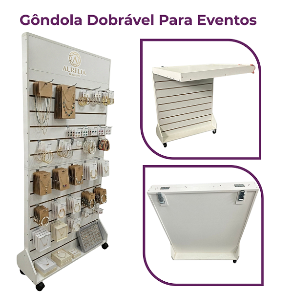 Gôndola Dobrável C/ Canaletas em PVC | 2 Faces para Eventos e Lojas | MDF 18mm | Com Rodas 1,90m x 0,90m - Compacta, Fácil de Transportar - Personalize via WhatsApp (11) 94220-9117