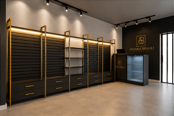 Loja Pronta Completa para Bijuterias e Acessórios – 10 Peças | MDF Preto e Metalon Dourado | Com LED, Balcão Vitrine e Expositores