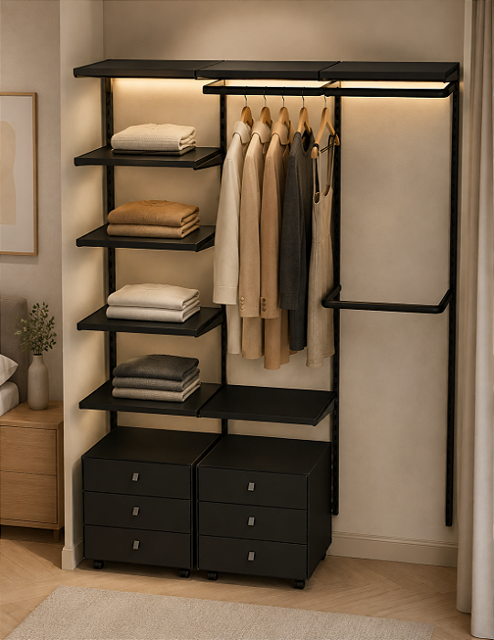 Conjunto Closet Aberto Industrial Moderno - Estante Cremalheira Completa 2M de Altura x 1,80 M de Largura - Orçamento para novos tamanhos: Whats - (11) 94220-9117. Closet Aberto Sob Medida | Transforme Seu Espaço!