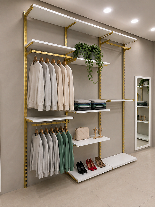 Conjunto Estilo Estante Cremalheira Completa Para Loja ou Closet 2,00 M de Altura x 3,00 M de Largura - Orçamento para novos tamanhos: Whats - (11) 99761-2721. Transforme já o Visual de Sua Loja!