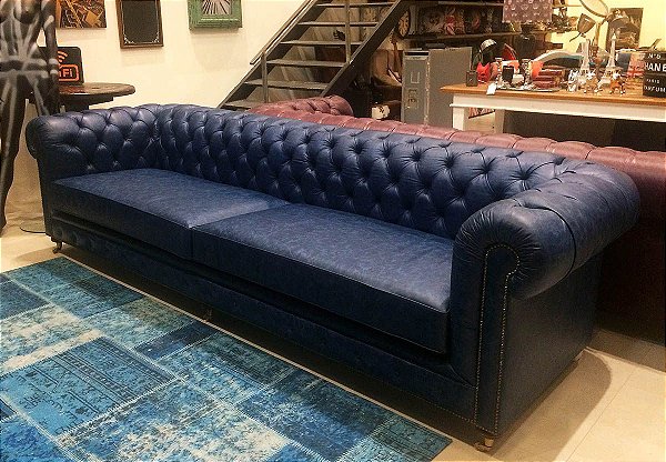 Sofá Chesterfield Couro Azul 3m - RValentim